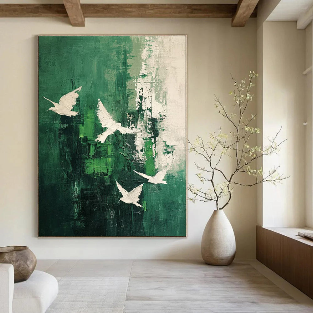 “Green - White Bird Abstract” - Abstract Expressionist Painting On Canvas PT1311