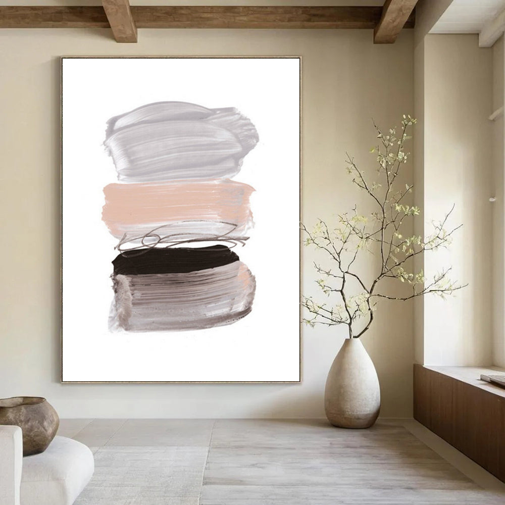 “Pastel Paint Strokes” - Soft Gray, Blush & Black Layers Painting On Canvas DS184