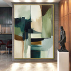 “Teal & Gold Abstract Geometry” - Teal, Gold, Green, White Abstract Geometric Painting On Canvas PS0757