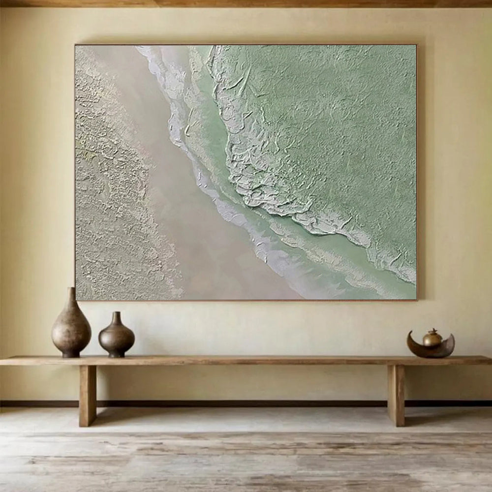 “Green - Beige Textured Terrain” - Abstract Landscape Painting On Canvas PT248