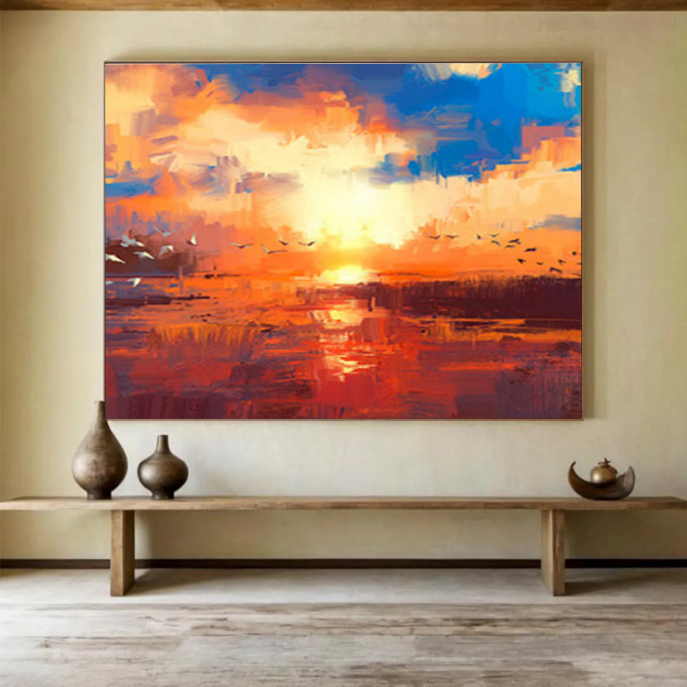 “Colorful Birds at Sunset Abstract” - Lively Landscape Painting On Canvas DKS387