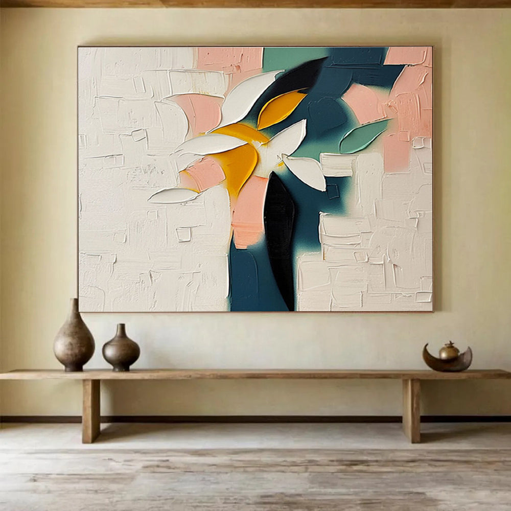 “Color - Block Flower” - White, Yellow & Pink Floral, Contemporary Oil Painting On Canvas DKS747