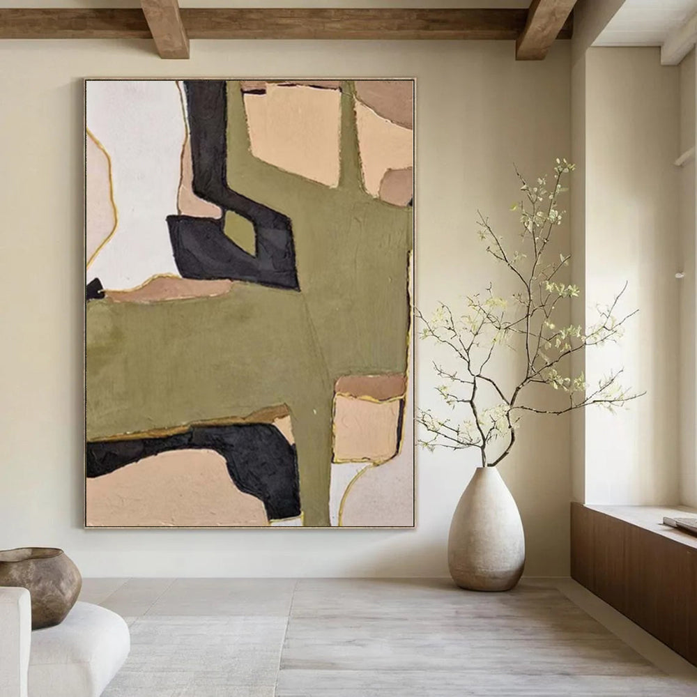 “Green - Beige - Black Geometric” - Mid - Century Abstract Painting On Canvas PS0169
