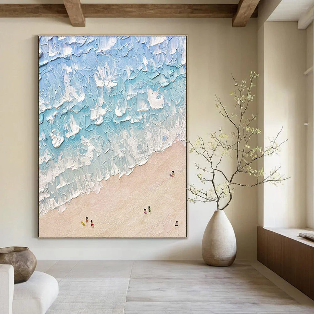Blue, White and Beige with Textured Waves "Beach Impasto" Impressionistic Abstract Painting On Canvas PS1129