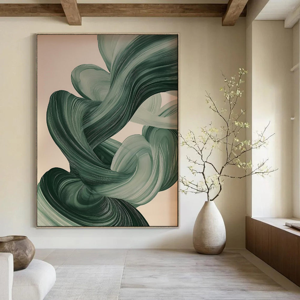 “Flowing Green Abstract Ribbons” - Abstract Modern Painting On Canvas PT1928