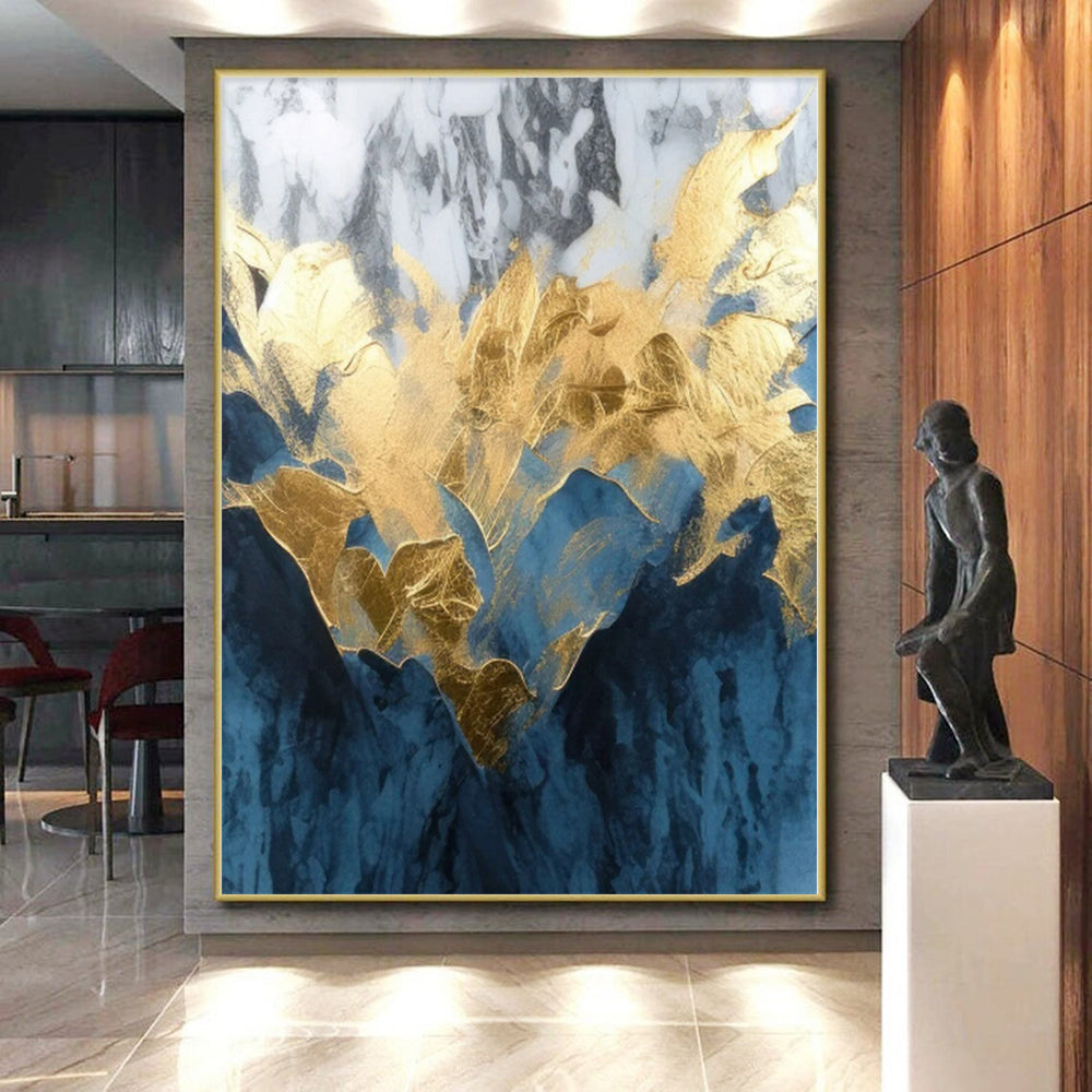 “Blue - Gold Abstract with Marble - like Textures” - Luxurious Abstract Painting On Canvas PS0285