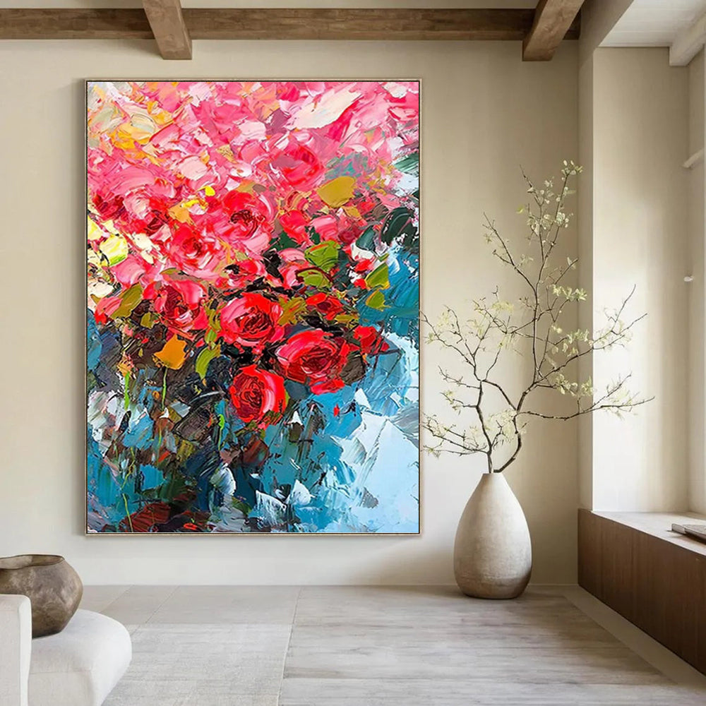 “Vibrant Pink Flowers in Blue Vase” - Impressionist - Inspired Floral Painting On Canvas PT1432