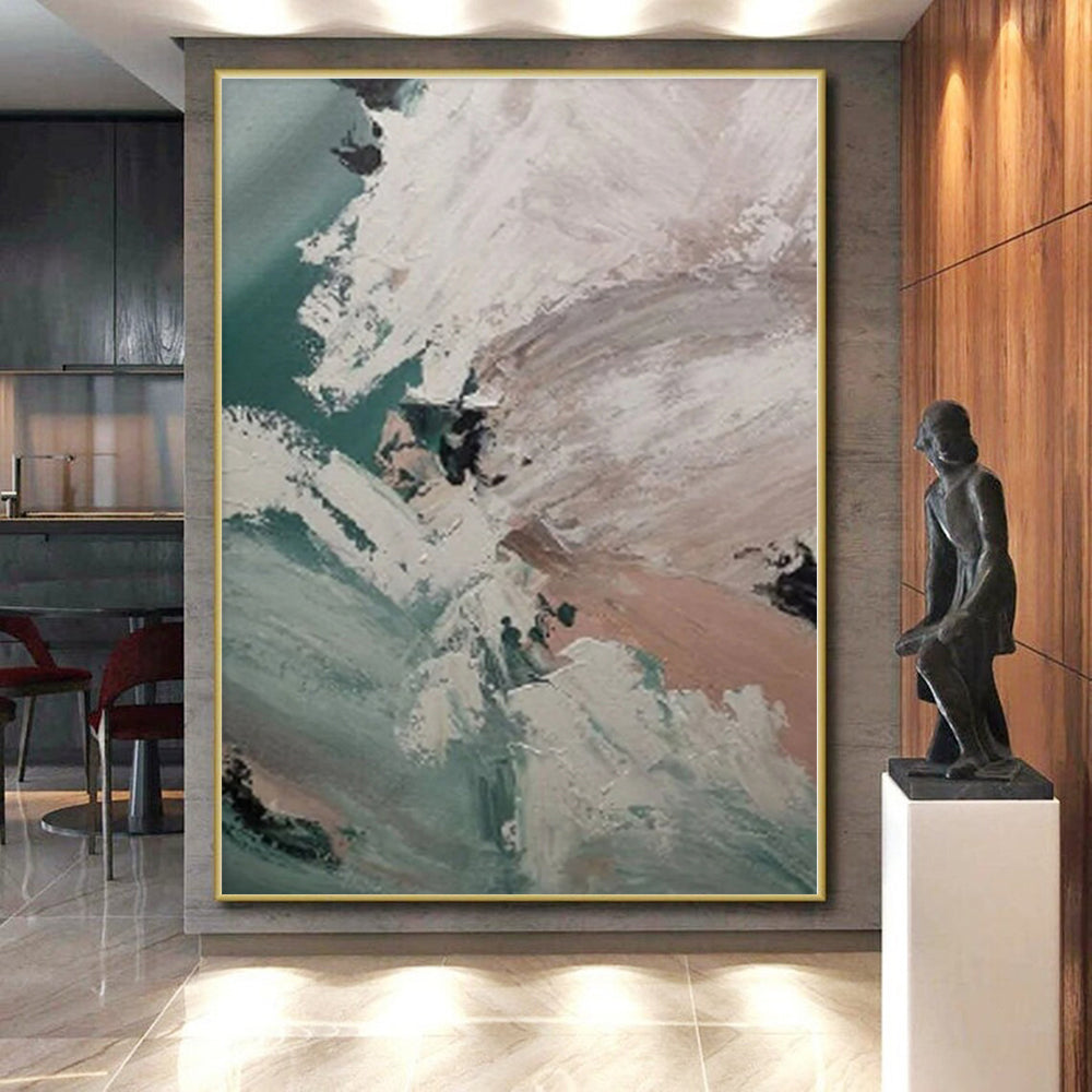 “Turquoise - White Abstract Waves” - Turquoise, White Abstract Seaside Painting On Canvas PS0554