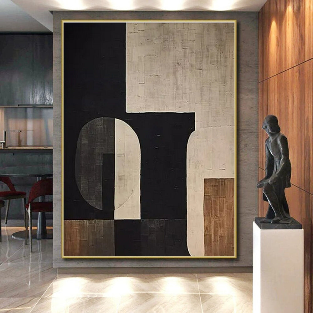 Black, Beige & Brown Geometric Abstract "Suburban Geometry" Painting On Canvas PS0862