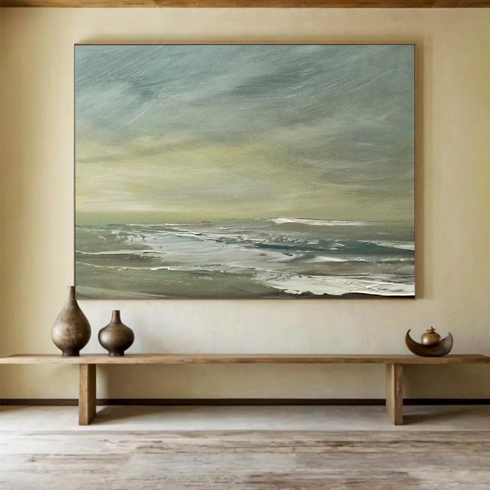 “Muted Coastal Landscape in Greens and Grays” - Subtle Seascape Oil Painting On Canvas PT027