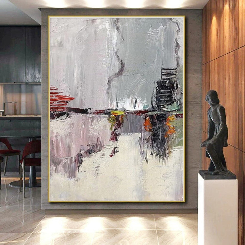 “Gray - Toned Abstract Scene” - Gray, Red, Yellow Abstract Landscape - Inspired Painting On Canvas PS0402