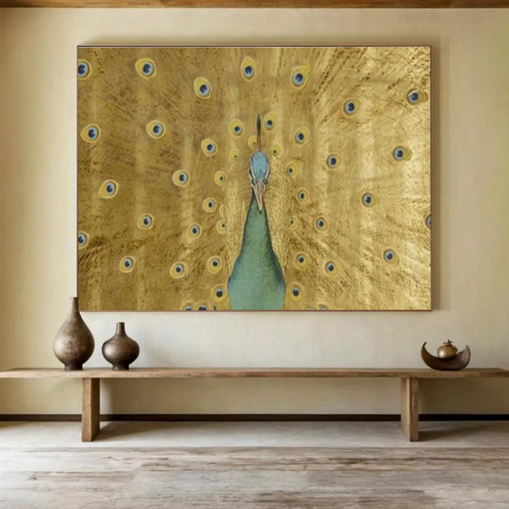 “Golden Peacock Display” - Gold, Blue & Green Animal, Ornate Oil Painting On Canvas DKS740