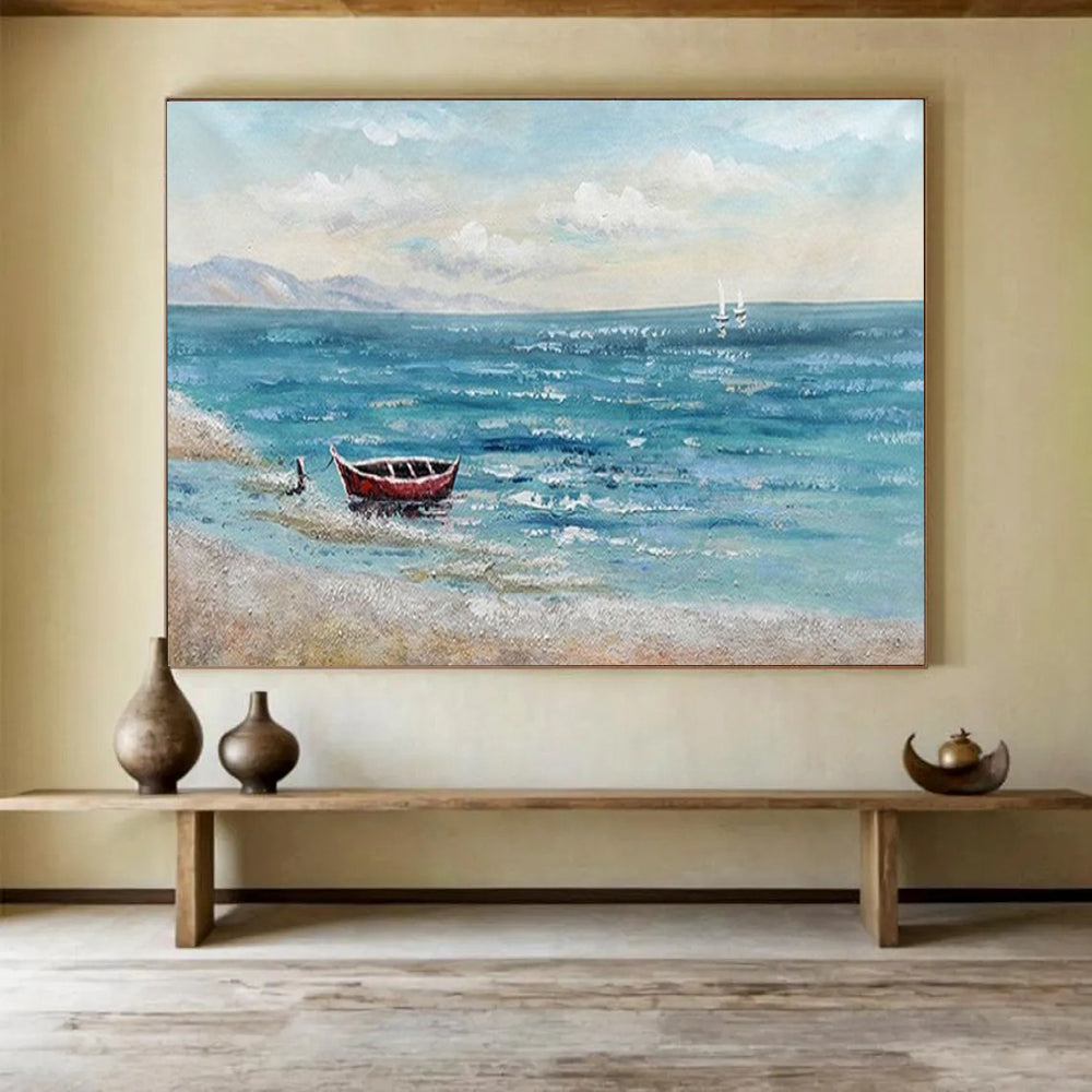 “Red Boat Coastal Calm” - Seaside Landscape Painting On Canvas PT224