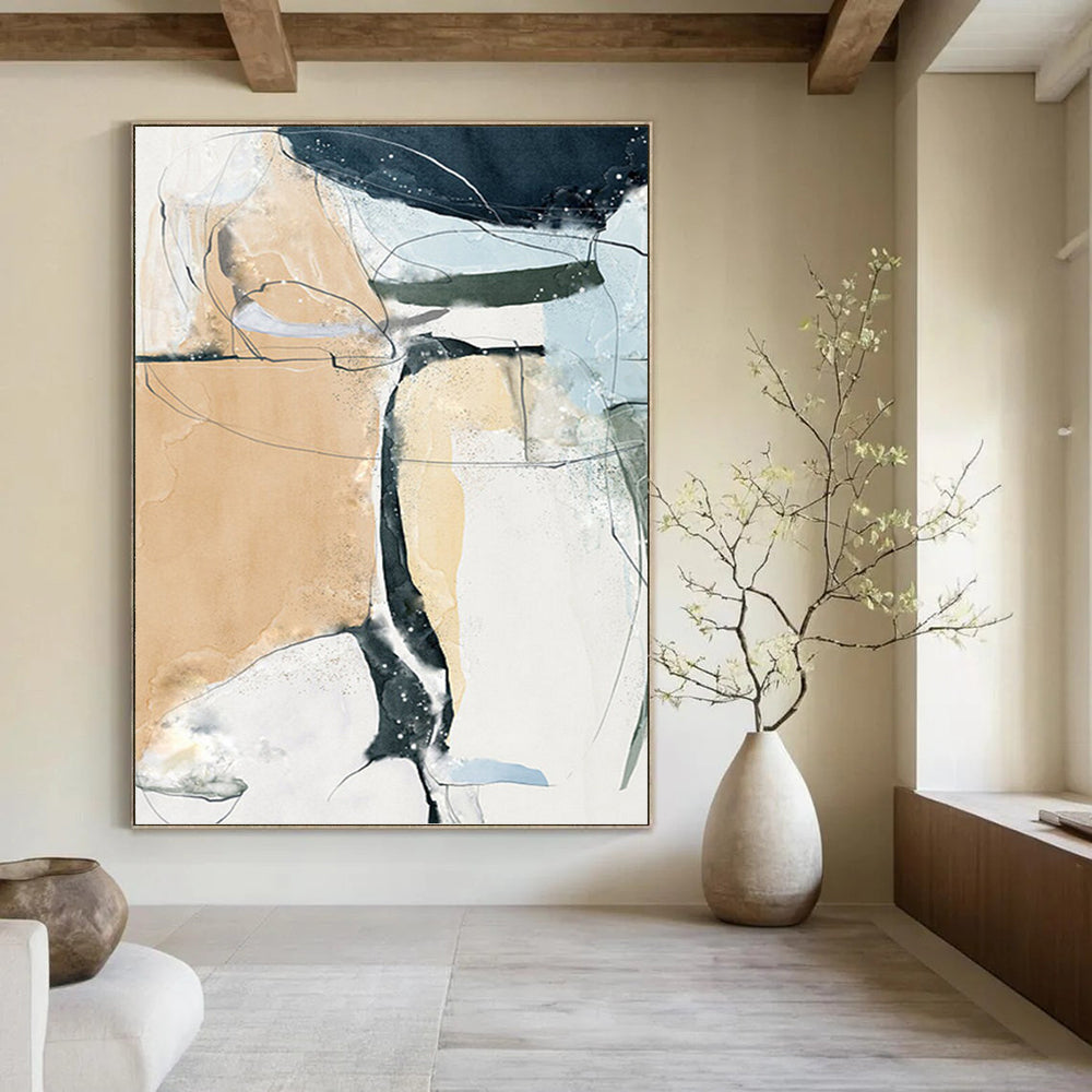 “Neutral and Blue Abstract Lines” - Abstract, Delicate - Styled Painting On Canvas PT1523