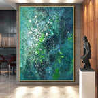 “Teal - Green Splatter Galaxy” - Teal, Green, White Abstract Expressionist Painting On Canvas PS0717