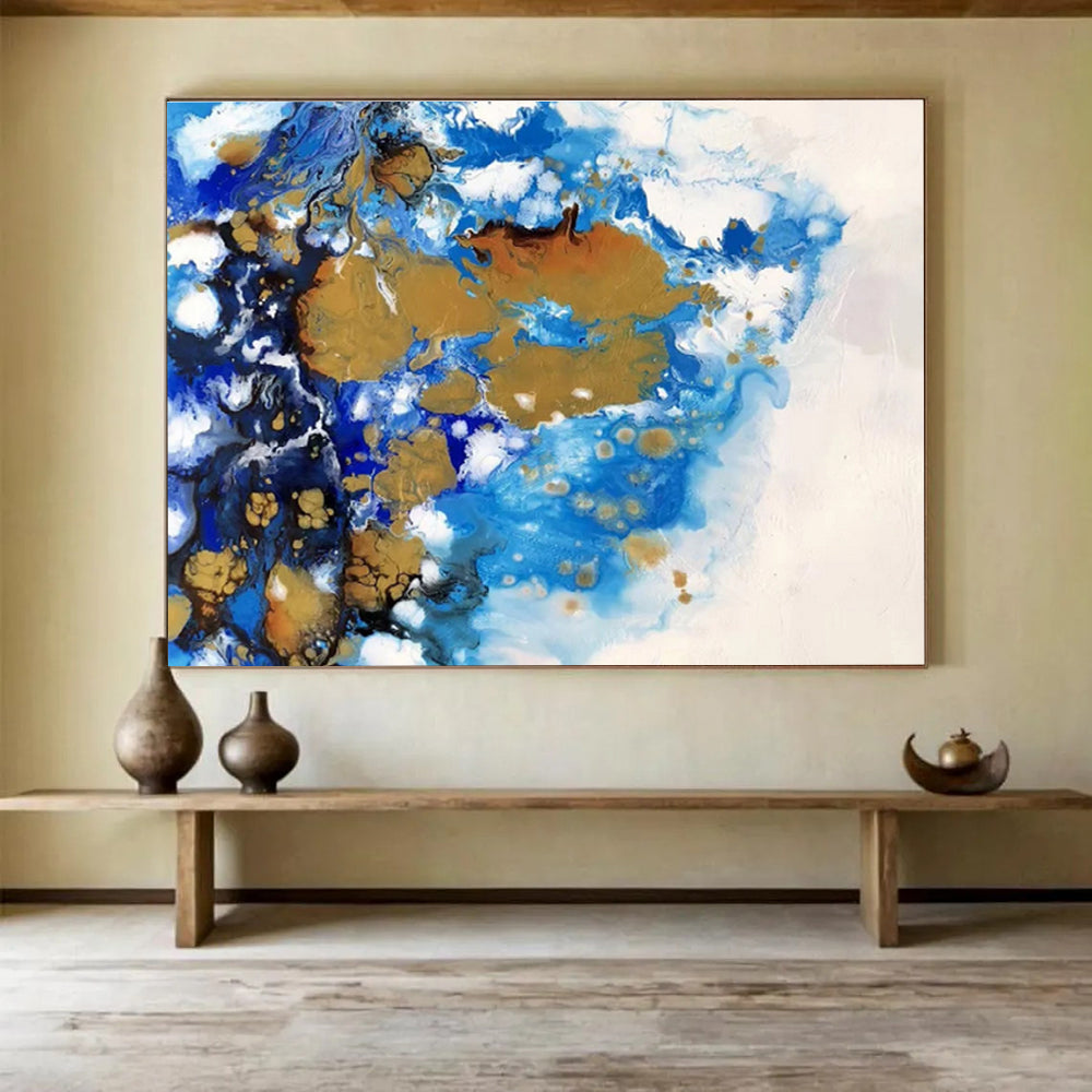 “Blue - Gold Fluid Abstract” Abstract Painting On Canvas DKS167