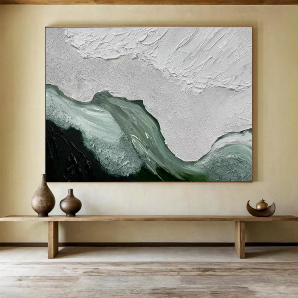 “Textured White - Green Abstraction” - White, Green & Black Abstract, Impasto Acrylic Painting On Canvas DKS744