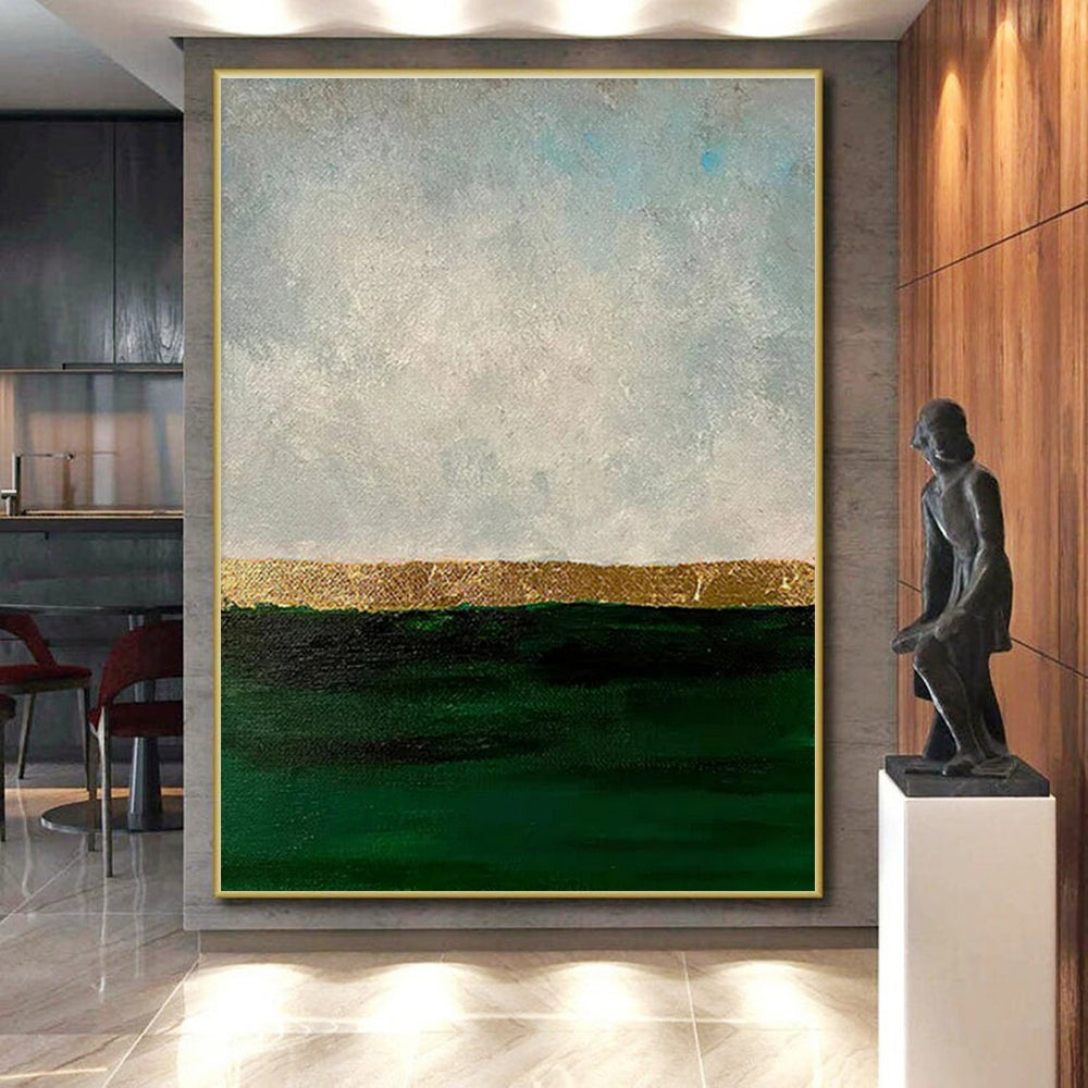 “Gold - Green Sea Horizon” - Green, Gray, Gold, Blue Abstract Seascape Painting On Canvas PS0644