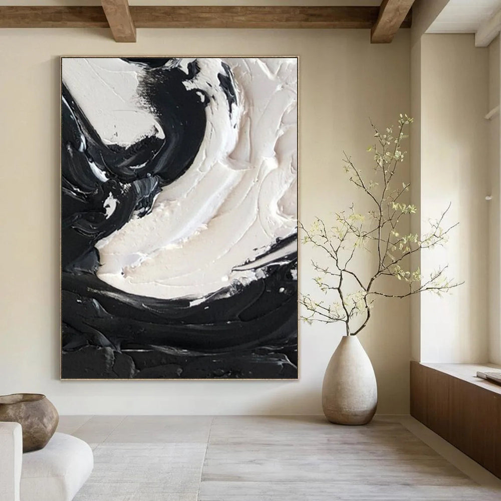 “Swirling Black and White Textures” - Tactile Abstract Painting On Canvas DS385
