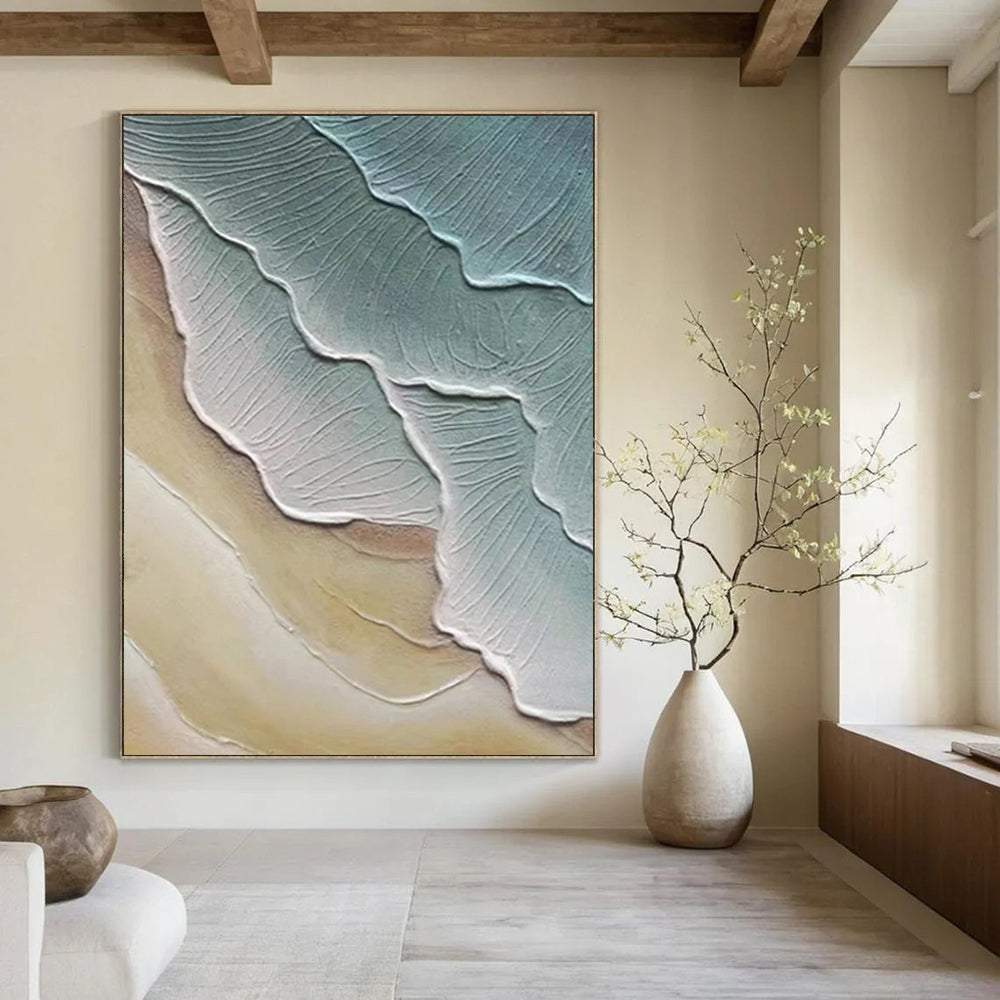“Textured Leaf - like Shapes in Green and Beige” - Nature - Inspired Textured Painting On Canvas DS342
