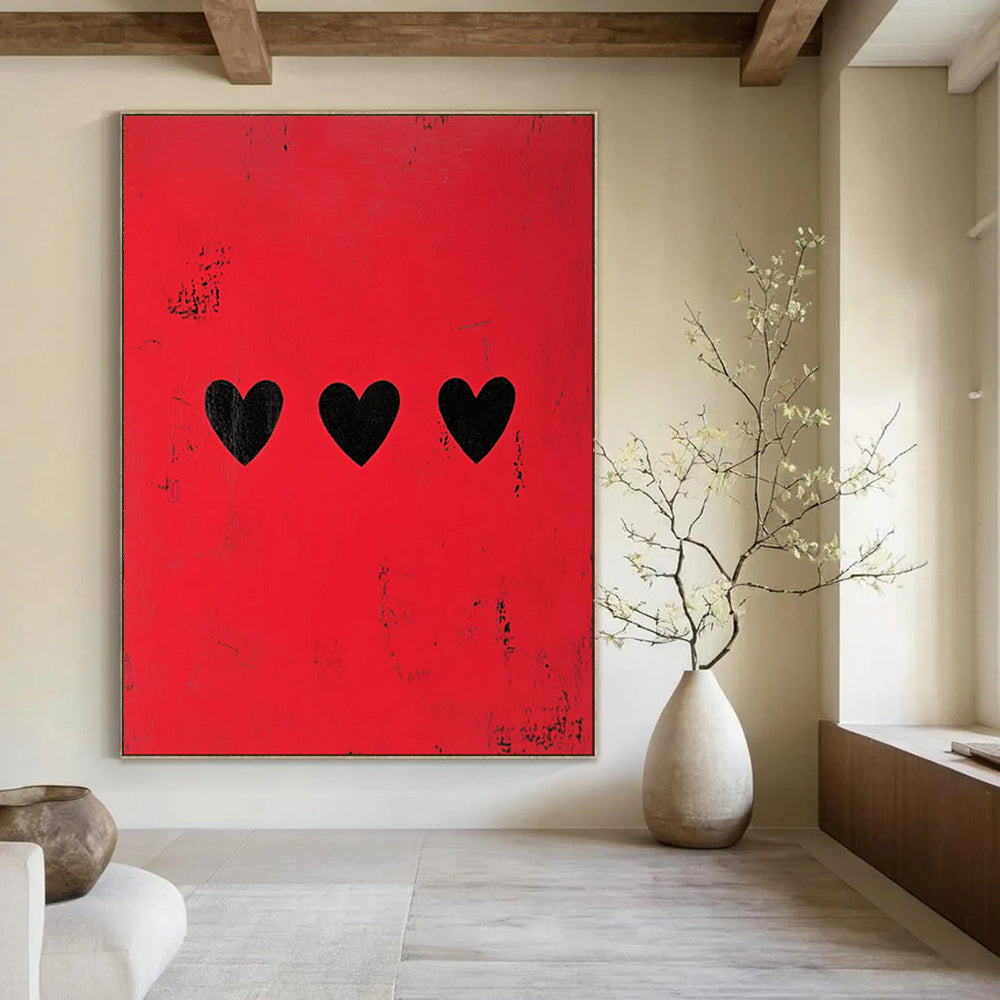 “Minimalist Red with Black Hearts” - Minimalist Conceptual Painting On Canvas PT1935