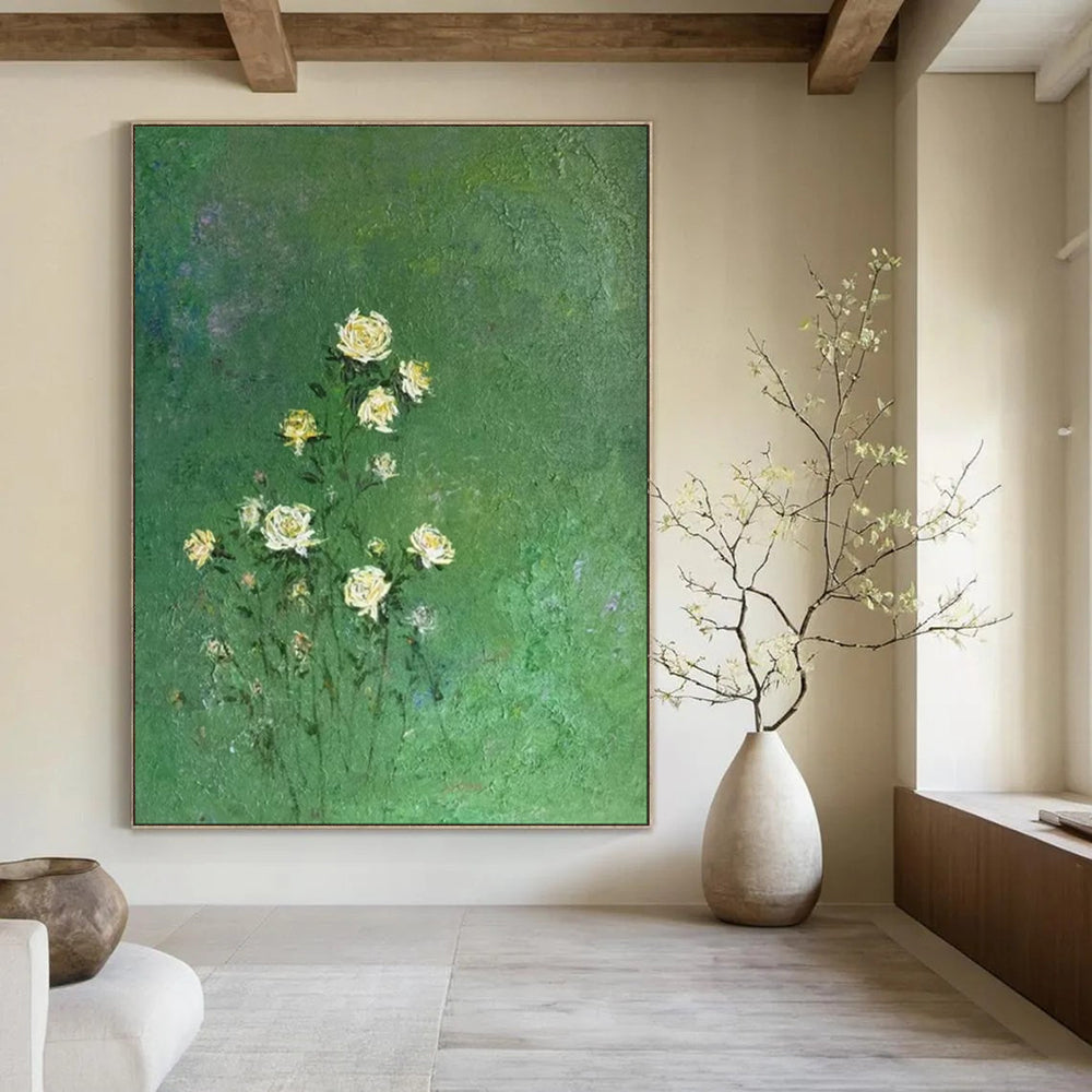 “Yellow Flowers on Green” - Impressionist Floral Painting On Canvas PT1978