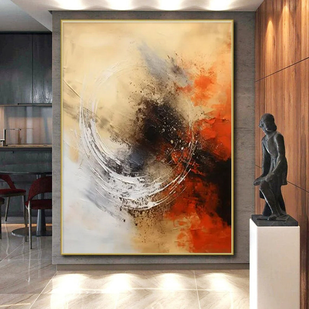 Beige, Grey, Black & Orange Abstract Circle Painting On Canvas PS0828