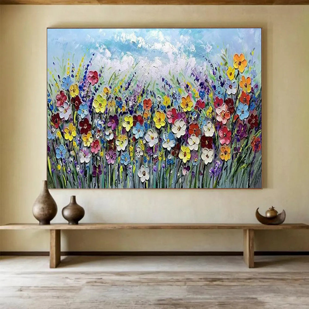 “Colorful Flower Field with Thick Textures” Impasto Floral Painting On Canvas PT1795