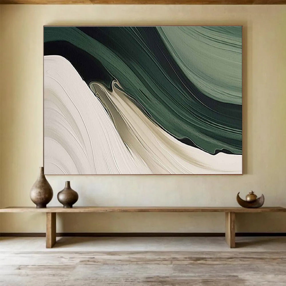 “Flowing Green - Beige Waves” - Green, Beige & White Abstract, Fluid Acrylic Painting On Canvas DKS753