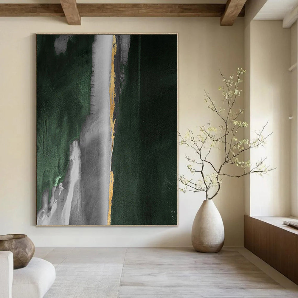 “Green - Grey - Gold Abstract Flow” - Abstract Expressionist Painting On Canvas PT1203