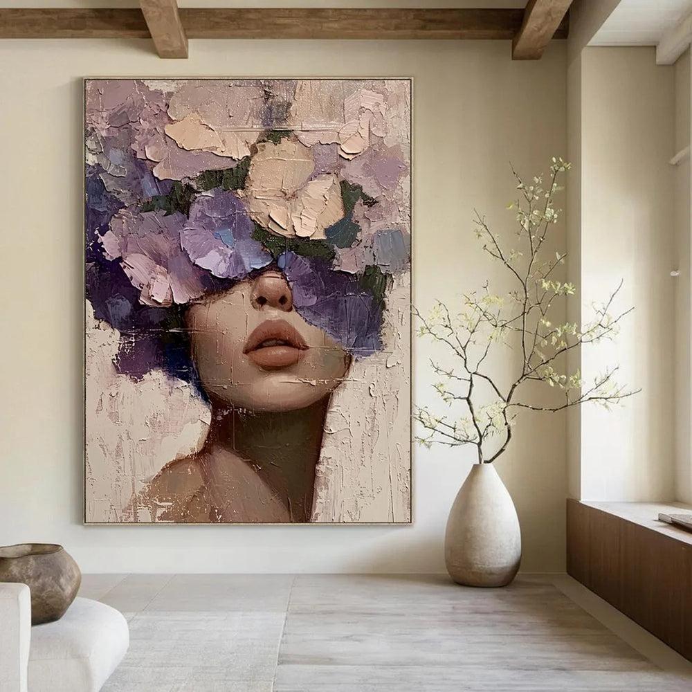 “Purple, Pink, and Beige Floral Face” - Romantic Figurative Painting On Canvas DS329