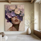 “Purple, Pink, and Beige Floral Face” - Romantic Figurative Painting On Canvas DS329
