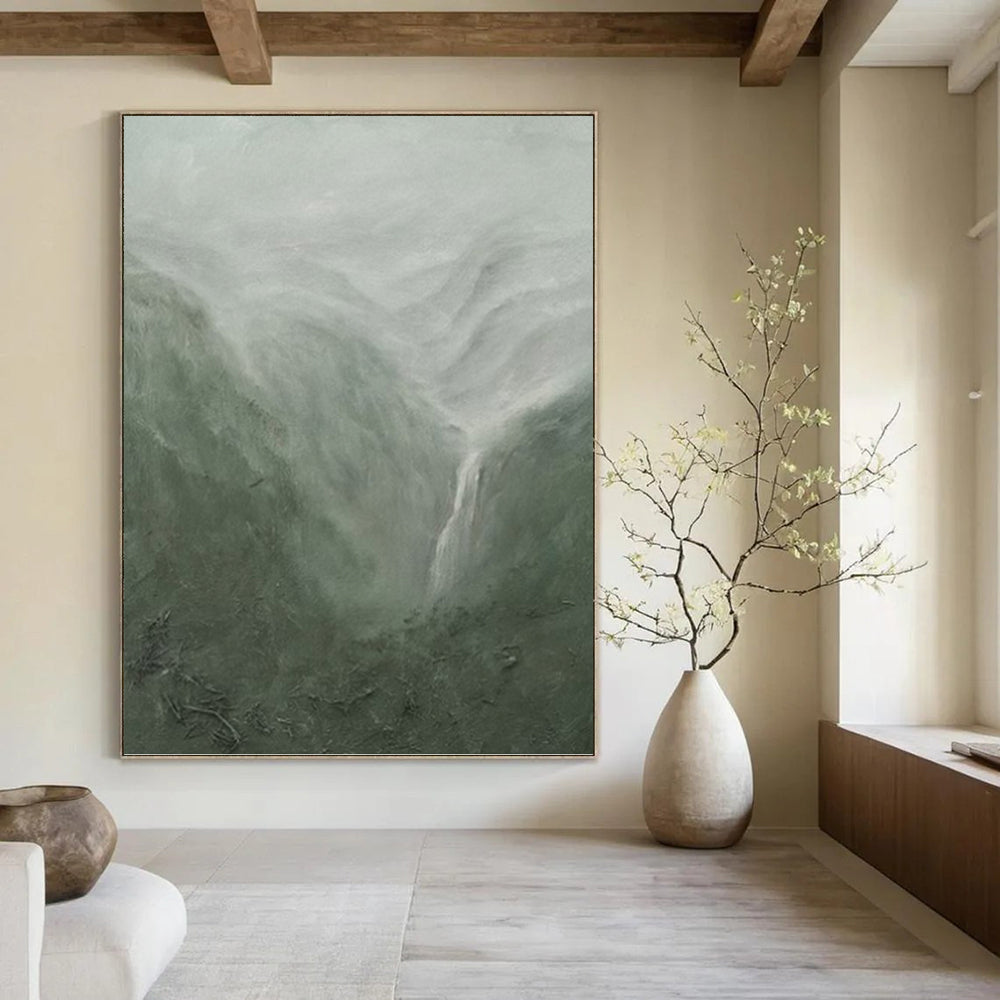 “Misty Mountain Waterfall” - Atmospheric, Landscape Painting On Canvas PT1490