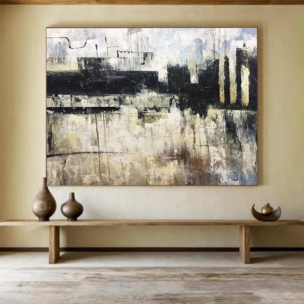 “Monochromatic Urban Abstract” - Black, White & Gray Abstract Cityscape, Moody Oil Painting On Canvas DKS717