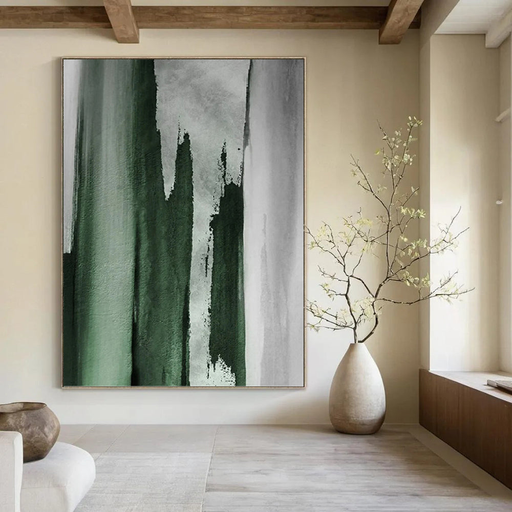 “Green - Grey Vertical Strokes” - Abstract Expressionist Painting On Canvas PT1233
