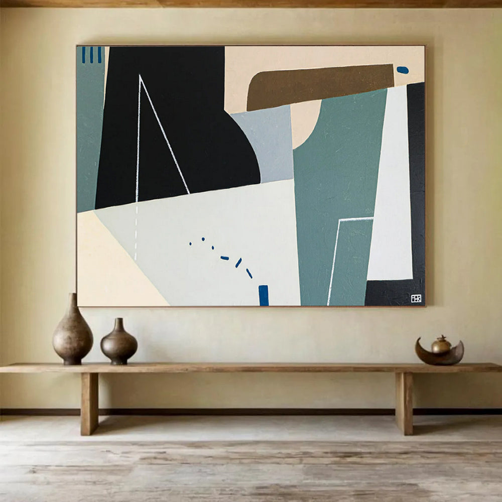 “Geometric Shapes in Black, Beige, Teal” Cubist Abstract Painting On Canvas PT1805