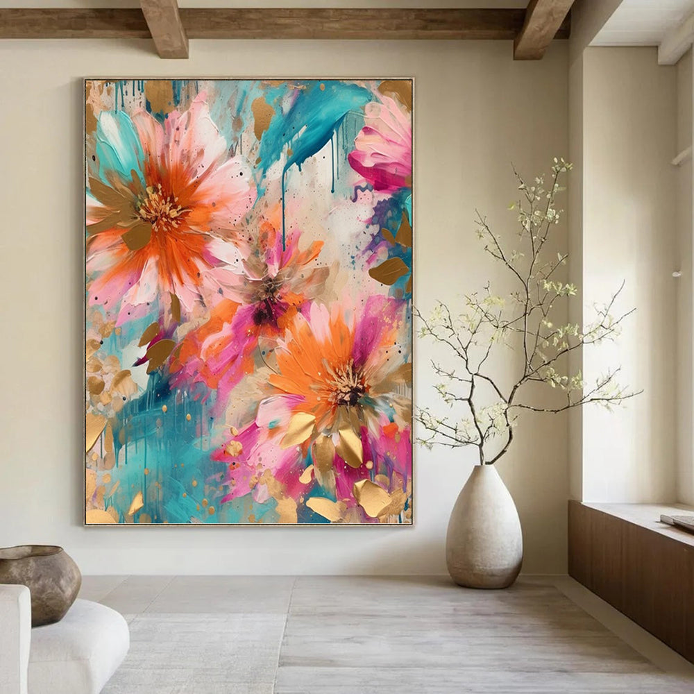 “Teal and Gold Floral” - Botanical, Luxe - Styled Painting On Canvas PT1598