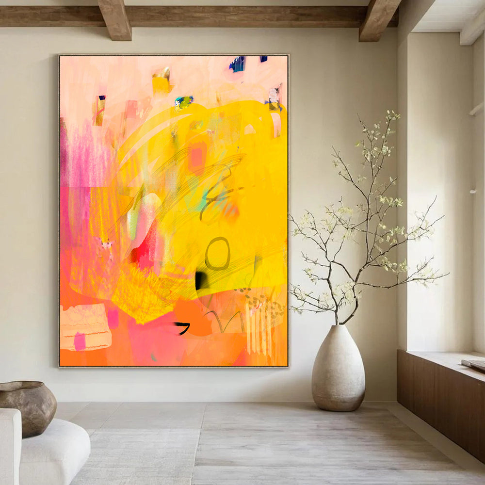 “Sunny Yellow - Pink Abstract Fusion” - Abstract Painting On Canvas PT2005
