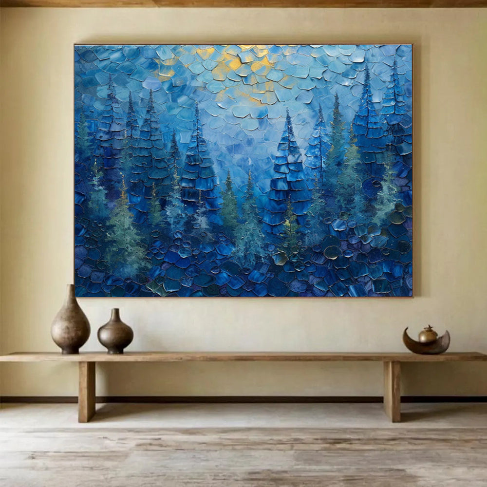 Midnight Pines - Impasto Forest Oil Painting, Great for Home Office & Library DKS672