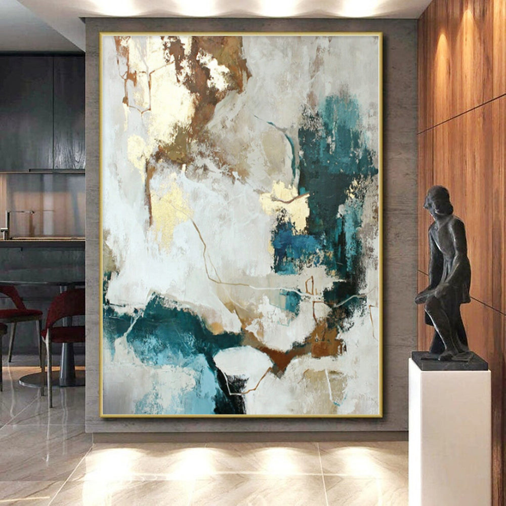 “Gold - Accented Abstract with Teal and Neutrals” - Modern Abstract Painting On Canvas PS0258
