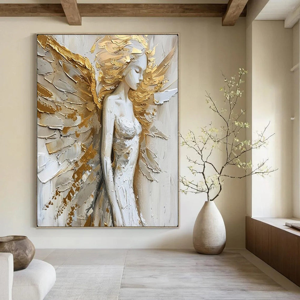 Gold & White Winged Figure, Textured Impressionism, Painting On Canvas PT2138