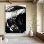 “Dynamic Black Brushstrokes” - Bold, Swirling Forms on White Background Painting On Canvas DS195