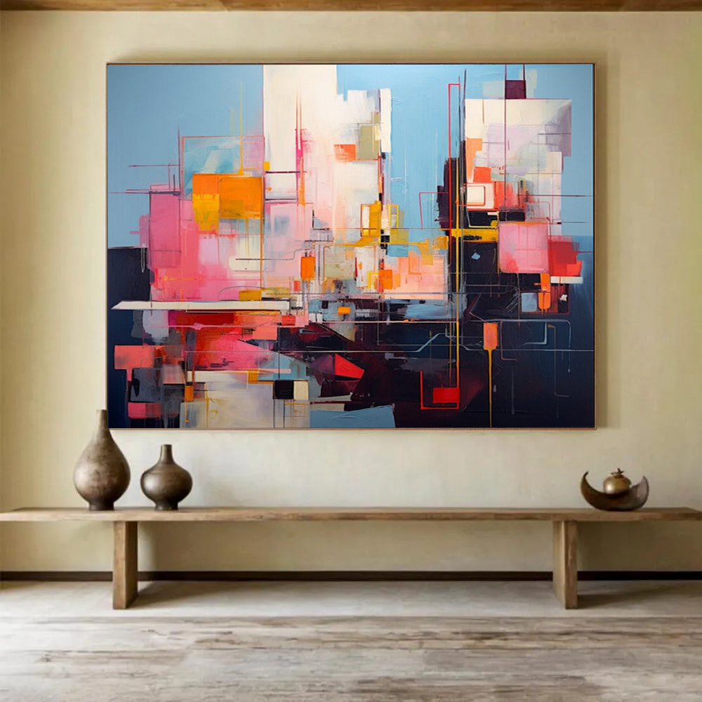 “Vibrant Geometric Abstract Cityscape in Pink, Blue & Colorful Lines” - Modern Cubist - Inspired Painting On Canvas PT020