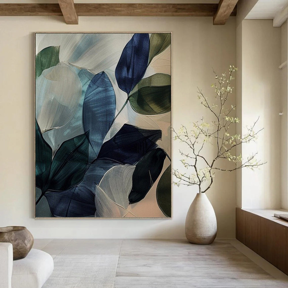 “Translucent Leaves: Blue - Green Botanical Art” - Delicate Nature Painting On Canvas PT0972