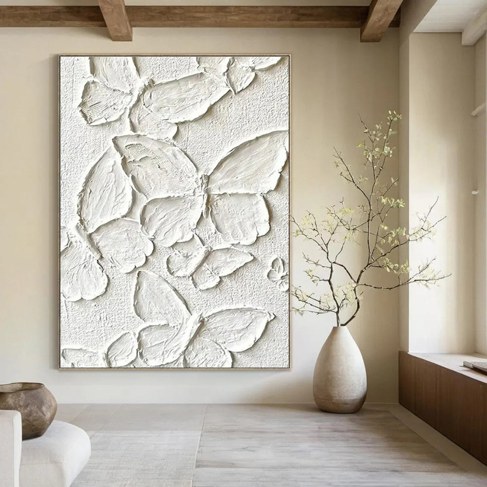White with Textured Butterflies "Whimsical Wings" Abstract Painting On Canvas PS1468