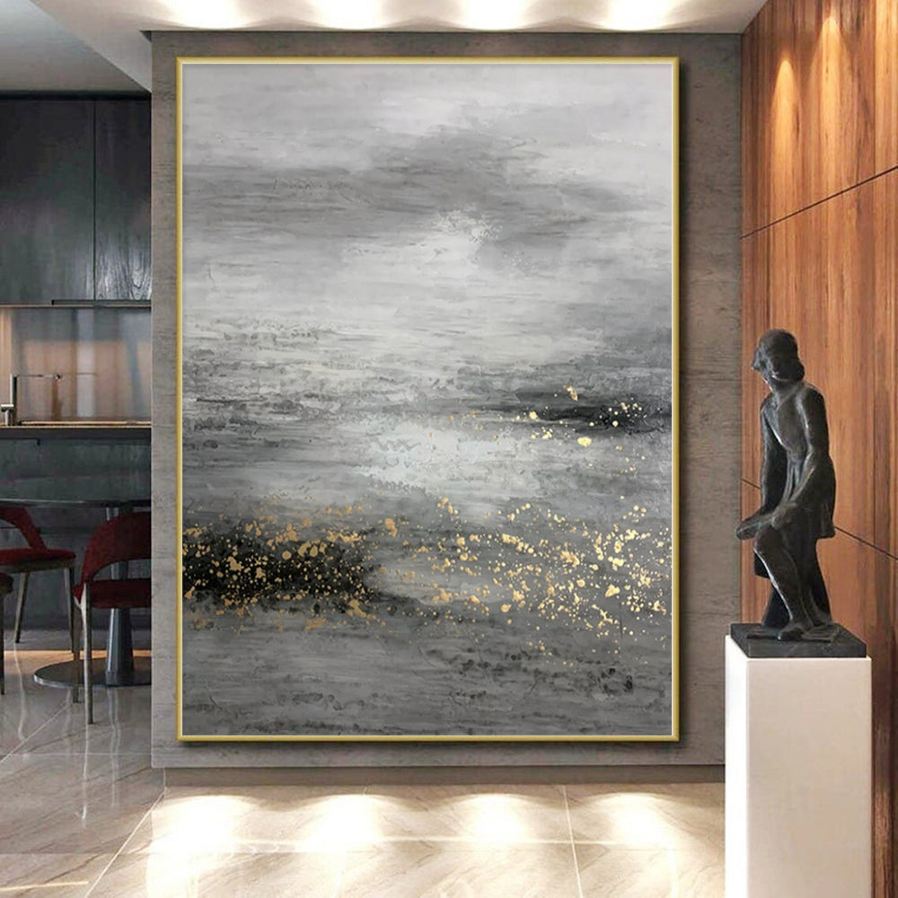 “Grey - Gold Abstract Misty Landscape” - Ethereal Landscape Painting On Canvas PS0345