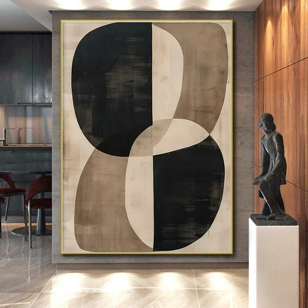 Black, Beige & Brown Geometric Abstract "Organic Forms" Painting On Canvas PS0865