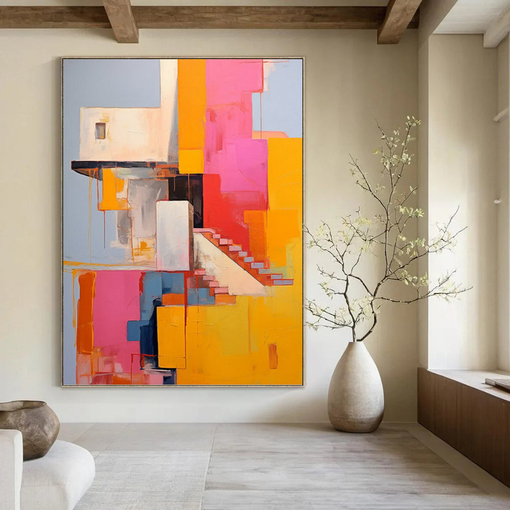“Colorful Architectural Abstract” - Cubist - Inspired Painting On Canvas PT1323