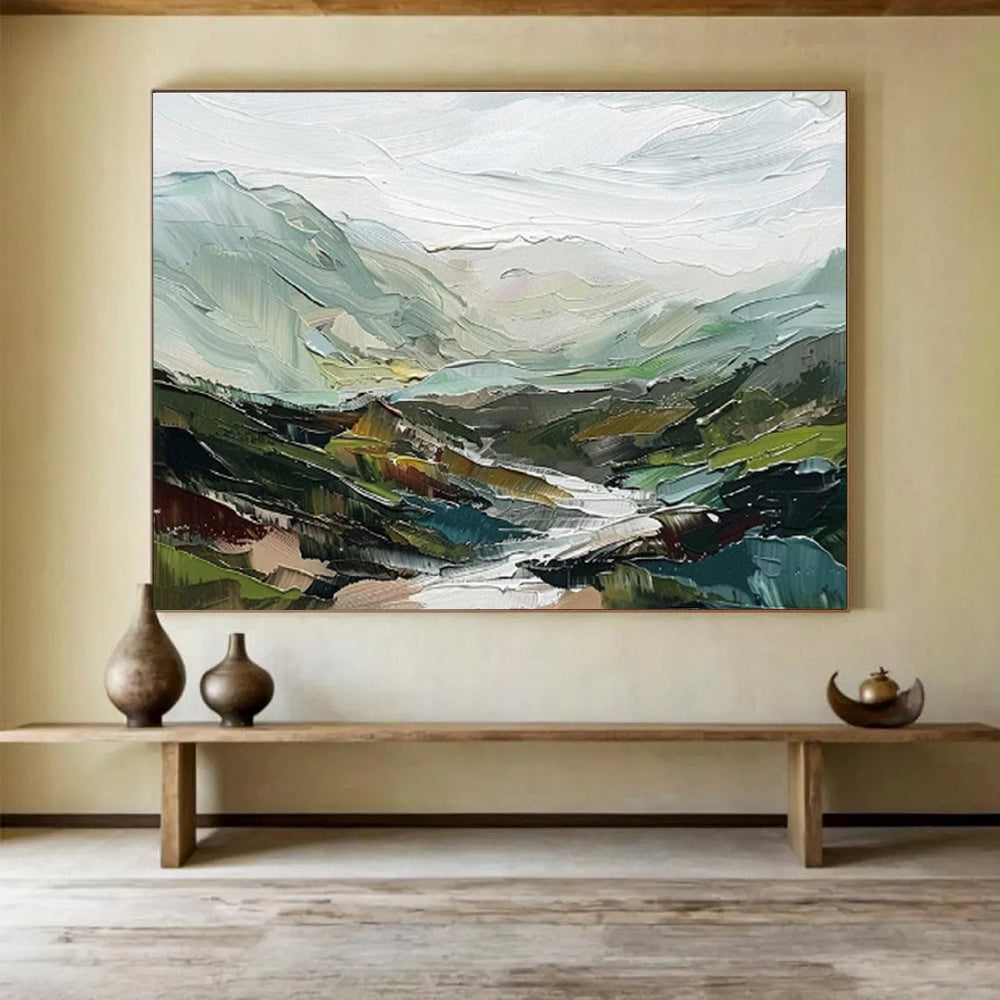 “Textured Mountainscape” - Green, Blue & Gray Abstract, Palette Knife Painting On Canvas DKS725