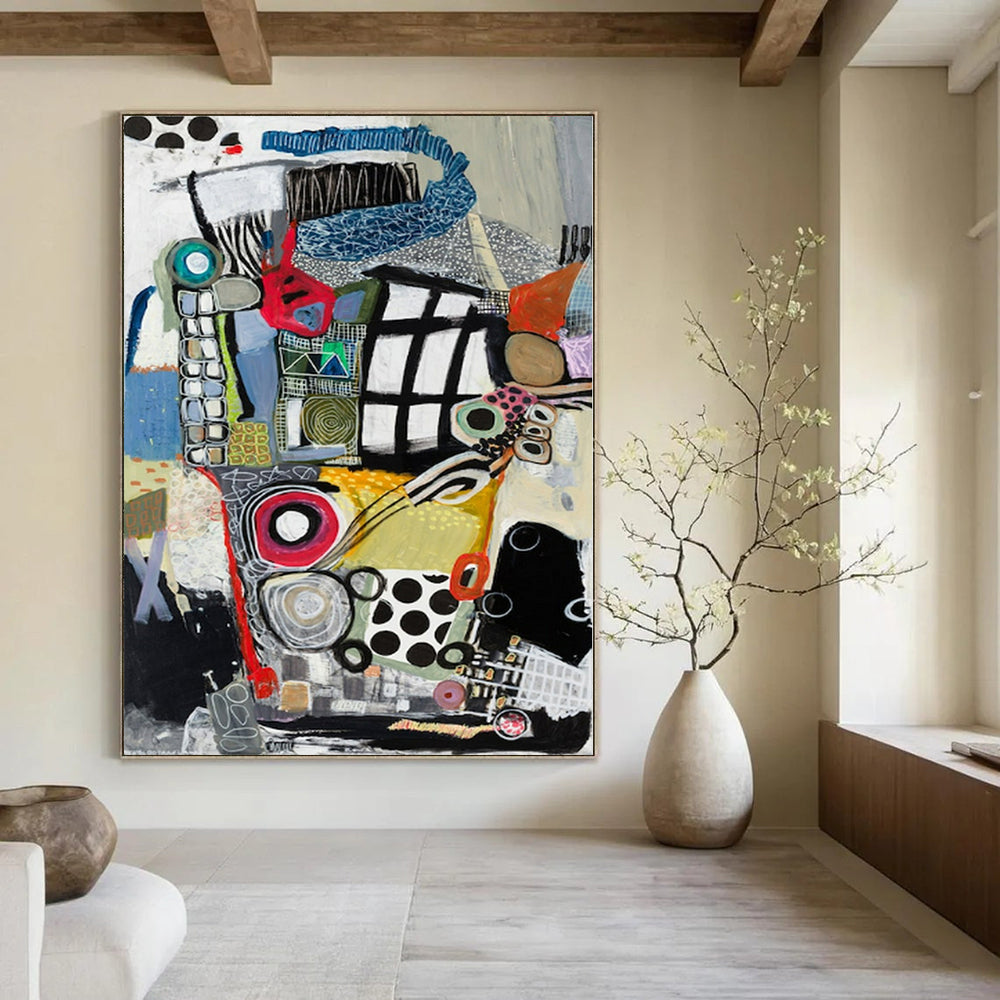 Colorful, Eclectic Shapes with Playful Patterns "Whimsical Mosaic" Abstract Painting On Canvas PS1172